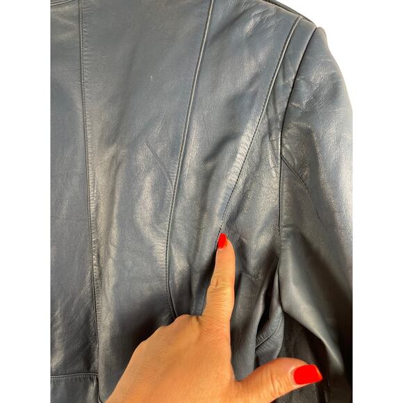 Vintage 1980’s Women’s Cropped Teal Leather Jacket with Epaulettes‎ Size 44 (XL) - Picture 4 of 14